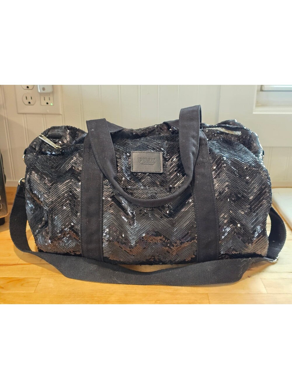 PINK Victoria's Secret Black Sequin Duffel Bag with Adjustable Strap